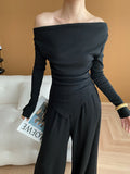 Taooba- One Shoulder Knitted Top Wide Leg Pants Two Piece Suit