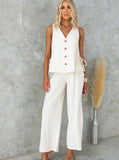 Taooba- Fashionable Solid Color V-Neck Sleeveless Trouser Casual Suit