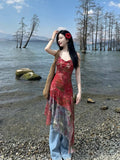 cybergoth dress to impress Retro Red Floral Mesh Sling Dress Women's Summer Design Sense Niche Irregular All-Match Stacked Skirt