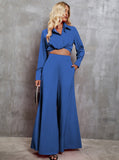 Taooba- Casual Long Sleeve Croptop and Wide Leg Pants Set