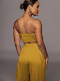 Taooba- Gold Lace-Up Tube Top and Mid Waist Wide Leg Pants