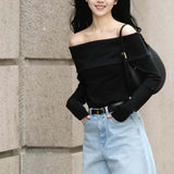 casual dinner outfit fall 14-Pin Skin-Friendly Anti-Pilling French Style Women's Wool Top off-the-Shoulder Collarbone Sweater 2024 Autumn