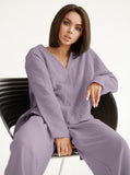 Taooba- Solid Color V-Neck Long-Sleeves Loose Pants Set