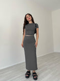 Taooba- Casual Gray Round Neck Crop Top and Skirt Set