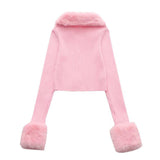 fall outfits women Plush Lapel Slim-Fit Short Long-Sleeved Sweater Style Sweet Pink Plush Cuff Sweater