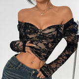 frat boy outfits Sexy Hot Girl Long-Sleeved Blouse See-through New Versatile Lace Solid Color Slim Design 