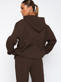 Taooba- Casual Coffee Hooded Long Sleeve Sweater and Trousers Set