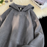 Taooba 90s fashion men Charcoal Gray Suede Sweater Stiff American Retro Coat Men's  High Weight Embroidered Hoodie