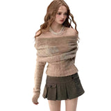 knitted French Rose Jacquard Sweater Woolen Personality Street Fashion off-Shoulder Waist-Tight Sweater