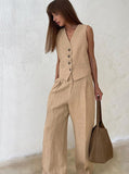 Taooba- Solid Color Buttoned Vest and Lose Pants Set