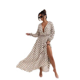 fall photoshoot outfits 2024 Floral Bohemian Dress Wrap V-neck Long Sleeve Split Hem A- line Elegant Maxi Dress for Women