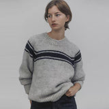 casual fall outfits  Homemade Korean round Neck Alpaca Wool Sweater Women's Autumn and Winter Niche Stitching Striped Retro Top