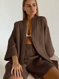 Taooba- Two Piece Set Home Wear Loose Cardigan and Shorts