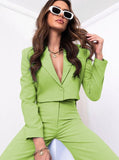 Taooba- Green Long Sleeve Collared Top and Loose Pants Set