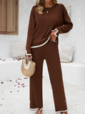 Taooba- Brown Long-Sleeve Shirt and Small Slit Long Pants Knitted Suit