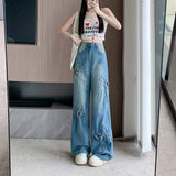 mens fashion 2024 Retro Heavy Industry Bow Metal Ring Distressed Niche Wide Leg Straight High Waist Jeans for Women