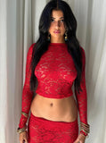 Taooba- Lava Red Sexy See Through Long Sleeve Crop Top and Skirt Set