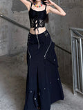 grunge outfits Retro Washed Black Profile Overalls Skirt for Women 2024 Summer Thin Functional Hot Girl Dress