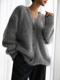 Women’s fashion Faux Mink Wool Knitted Sweater Cardigan 2024 Autumn and Winter Lazy Loose Long Sleeve V-neck Sweater Coat for Women