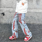 jeans High Street Brushed Destroyed Heavy Embroidery Ripped Jeans Men and Women Street Hip Hop Casual Straight Pants