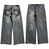 harajaku hip hop 2024 Skull Embroidery Loose Jeans Hiphop Hip Hop Street American Retro Distressed Wide Leg Pants