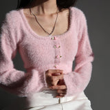 Taooba Aria Rose Button Fuzzy Crop Cardigan