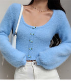 Taooba Aria Rose Button Fuzzy Crop Cardigan in Blue