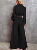 Taooba- Casual Long Sleeve Croptop and Wide Leg Pants Set