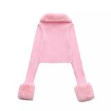 fall outfits women Plush Lapel Slim-Fit Short Long-Sleeved Sweater Style Sweet Pink Plush Cuff Sweater