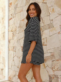 Taooba- Black Striped Half Sleeve Tops and Shorts Set