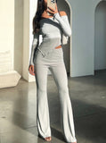 Taooba- Gray Off Shoulder Asymmetrical Top and Pants Set