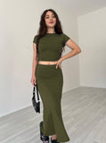 Taooba- Casual Green Round Neck Crop Top and Skirt Set