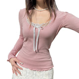 y2k Gentle Sweet Style Lace Stitching Lace Bow Tie Square Collar Top Pink Girl All-Match Lace Long Sleeve