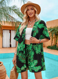 Taooba- Tropical Print Short Sleeve Cardigan Drawstring Short Two Piece