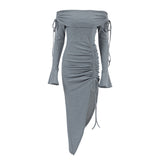 storm costume Gray Knitted off-Neck Tube Top Dress Women's Clothing 2024 Autumn and Winter Slim Flared Sleeve Sheath Bottoming Skirt