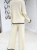 Taooba- White Knitted Long-Sleeve Shirt and Small Slit Long Pants Suit