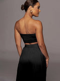 Taooba- Black Lace-Up Tube Top and Mid Waist Wide Leg Pants