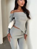 Taooba- Gray Off Shoulder Asymmetrical Top and Pants Set