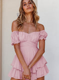 Taooba- Sexy Pink Off Shoulder Tie Waist Top and Short Set