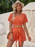 Taooba- Elegant Short Sleeve Crop Top Front Tie Shorts