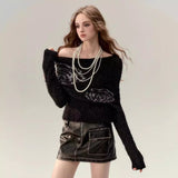 knitted French Rose Jacquard Sweater Woolen Personality Street Fashion off-Shoulder Waist-Tight Sweater