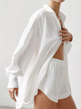 Taooba- Simple White Collared Long-Sleeved And Short Set