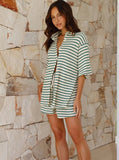 Taooba- Green Striped Half Sleeve Tops and Shorts Set