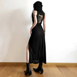 cybergoth dress to impress Style 2024 Autumn New Women's Fashion Trendy Hooded Hollow Backless Sleeveless Slit Dress Dress