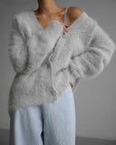 Women’s fashion Faux Mink Wool Knitted Sweater Cardigan 2024 Autumn and Winter Lazy Loose Long Sleeve V-neck Sweater Coat for Women