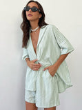 Taooba- Two Piece Loose White Stripes Short Sleeves Set