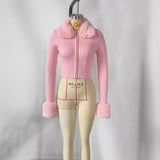 fall outfits women Plush Lapel Slim-Fit Short Long-Sleeved Sweater Style Sweet Pink Plush Cuff Sweater