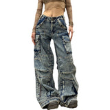 2000s fashion American Street plus Size Multi-Pocket Workwear Jeans Women's American Straight Loose Wide Leg Drop-down Mop Long Pants