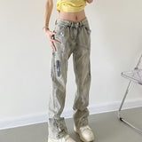 y2k American High Street Yellow Mud Dyed Vibe Style Washed Distressed Breasted Jeans Men's Ins Trendy Straight Zipper Long Pants