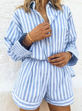 Taooba- Blue Two Piece Stripes Casual Long Sleeve Shirt Shorts Set